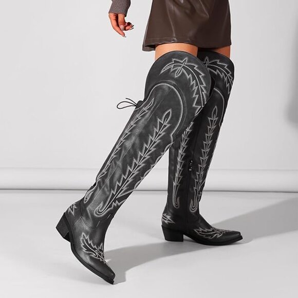 Thigh High Cowboy Boots with Lace Up Wide Calf Over The Knee Cowgirl Boot - Picture 2 of 7
